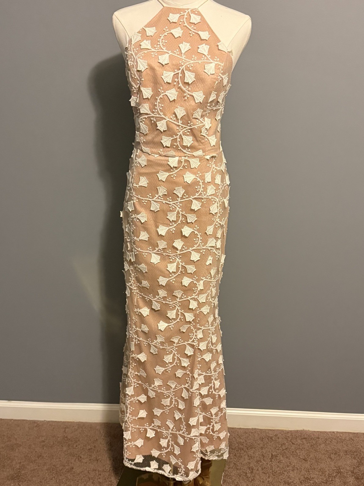 Jarlo Embroidered Mesh Maxi Dress 12 Petite Floral Aplique Nude Illusion Formal