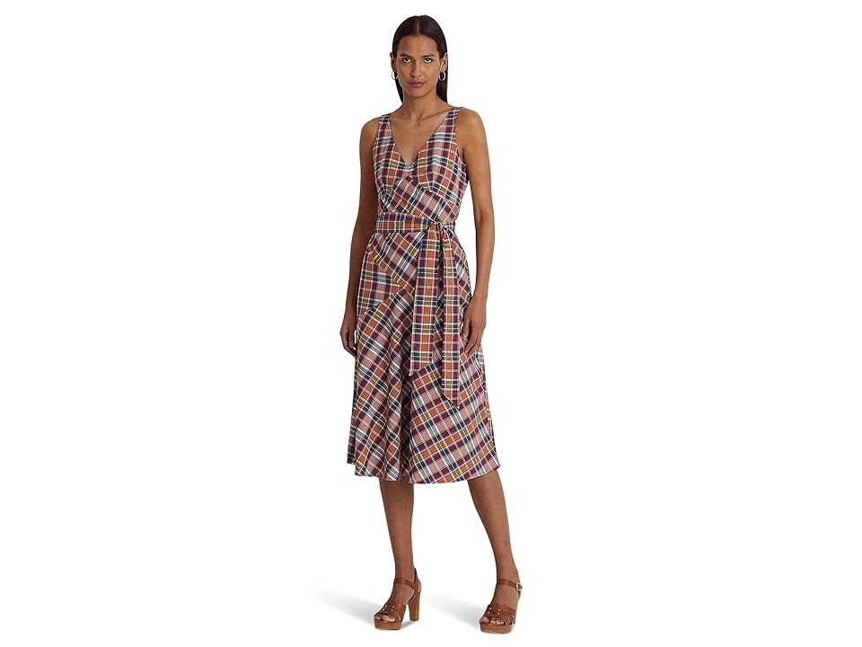 LAUREN Ralph Lauren Vneck Belted Sleeveless Madras Dress Purple Navy Size 8 $195