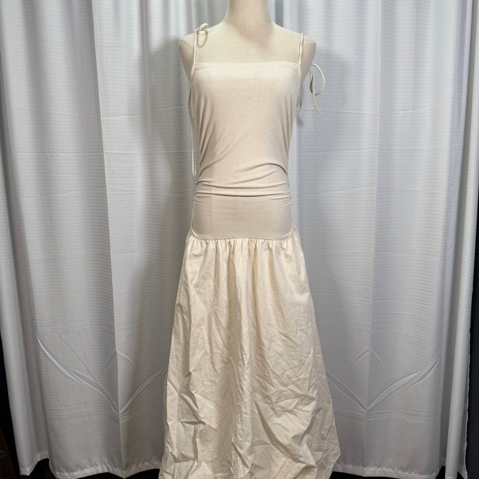Illa Illa Cream Drop Waist Bubble Hem Maxi Dress Size Large Tie Strap Ribbed