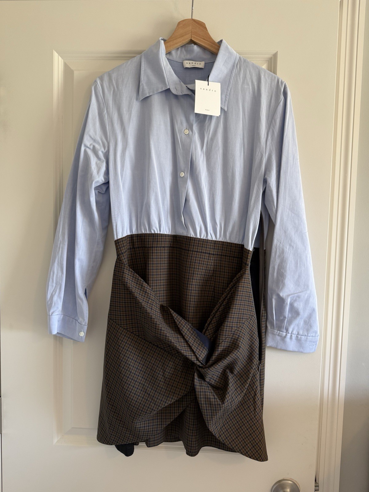 Sandro Cotton-Poplin And Twisted Checked Twill Mini Dress EU 38 US 6 NWT