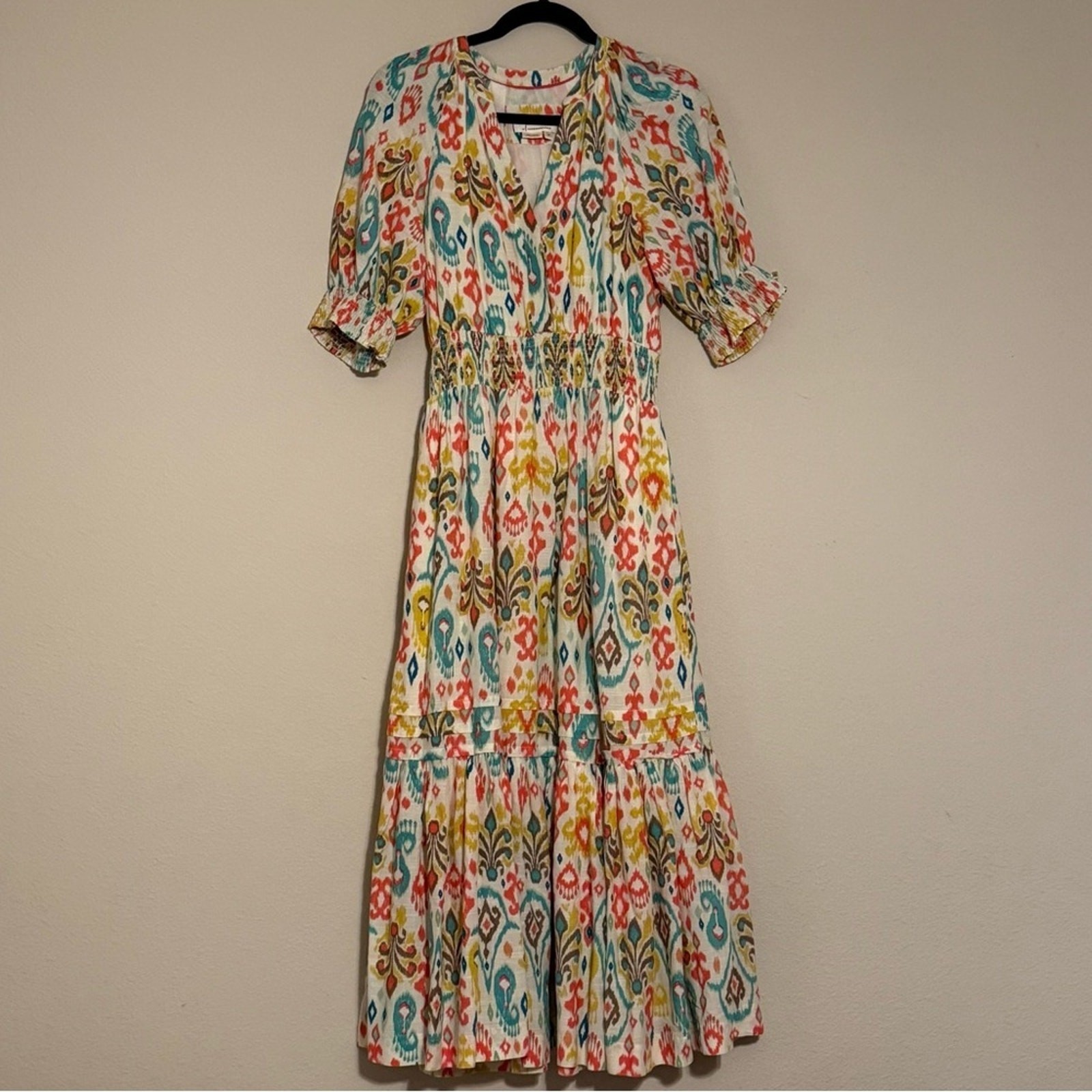 Anthropologie Ikat Print Smocked Midi Dress XS Boho Tiered
