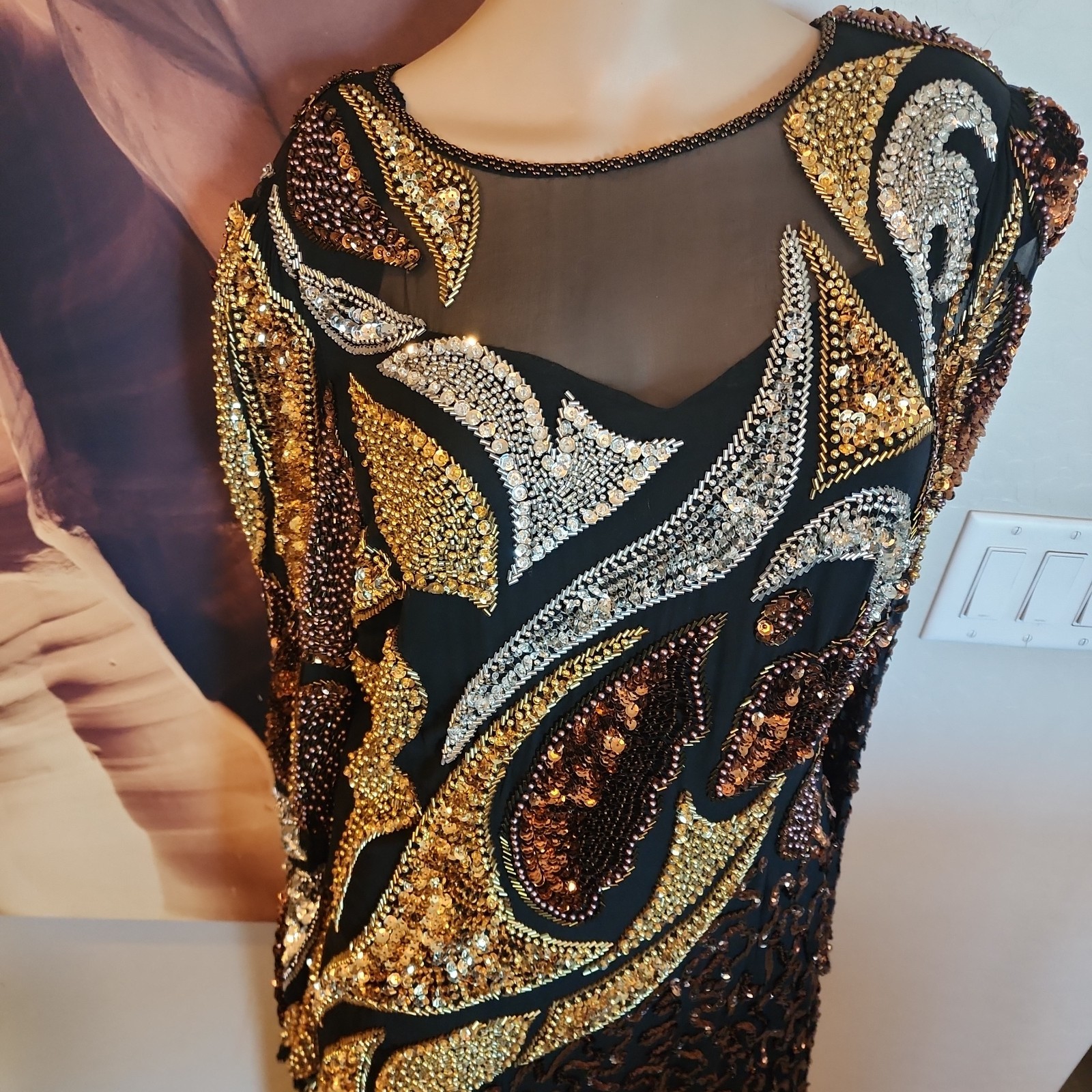 Shomax Originals Sequin Beaded Formal Silk Gown M Black Gold Long Sleeve Fringe