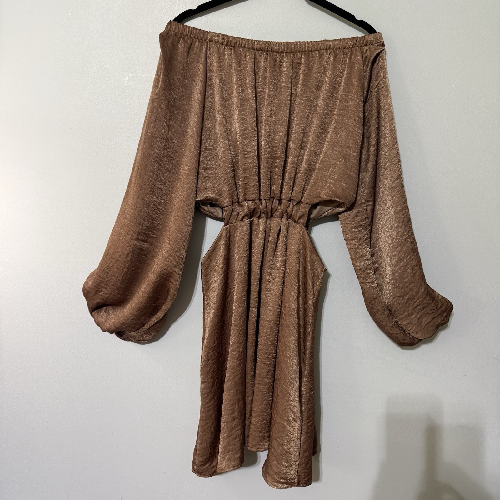 Peach Love California Off Shoulder Cutout Dress Bronze Satin Balloon Sleeve M