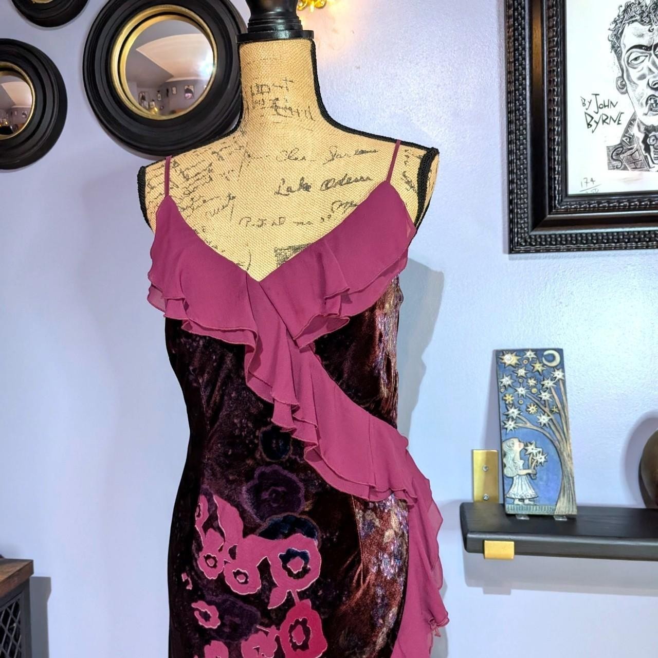 Vintage 90s Monsoon Burgundy & Purple Velvet Devore Midi Dress