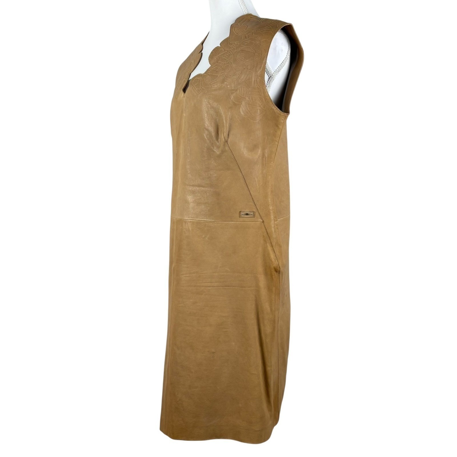 Escada Leather Sleeveless Midi Dress Womens EU 38 US 6 Light Umber Tan Scalloped
