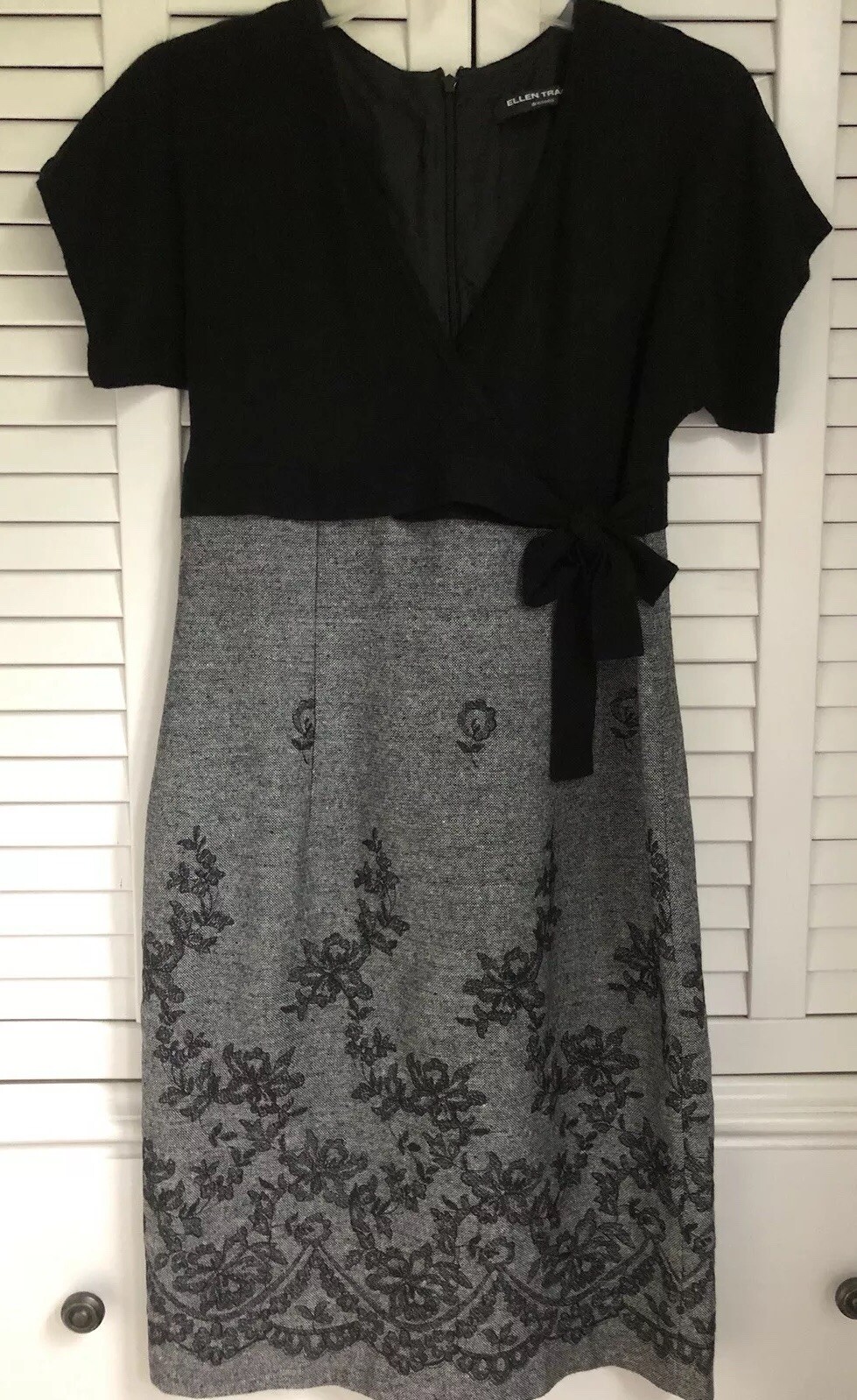 ELLEN TRACY CASHMERE WOOL BLEND EMBROIDERED LINED BLACK GRAY DRESS SIZE 6