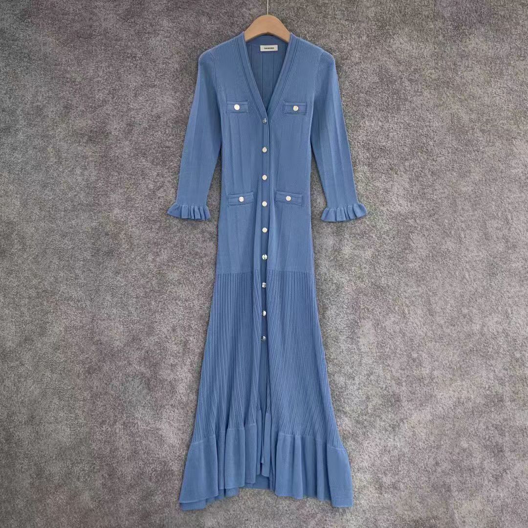 Sandro simple slim blue ruffled V-neck long needle Women Dresses