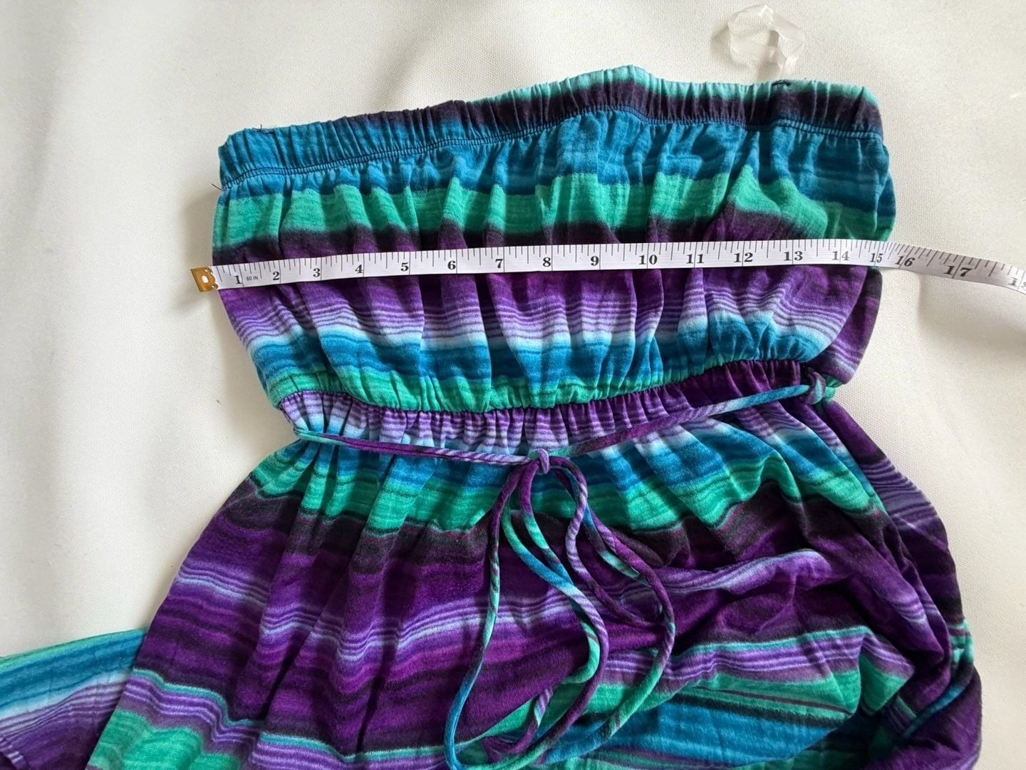 LoveJ Dress L Purple Green Striped Strapless Maxi Tie Waist Boho Summer