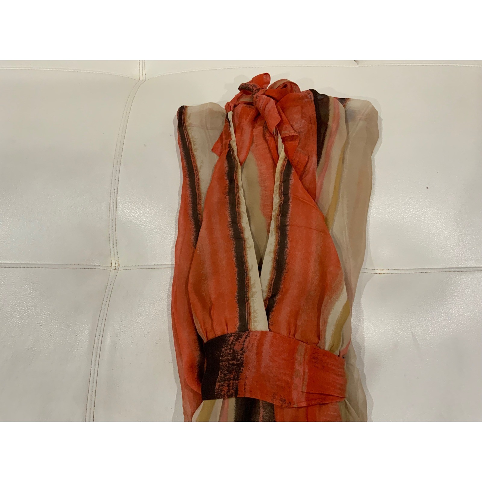 Orange Abstract Stripe Silk Halter Mini Dress V-Neck Empire Waist Bubble Hem