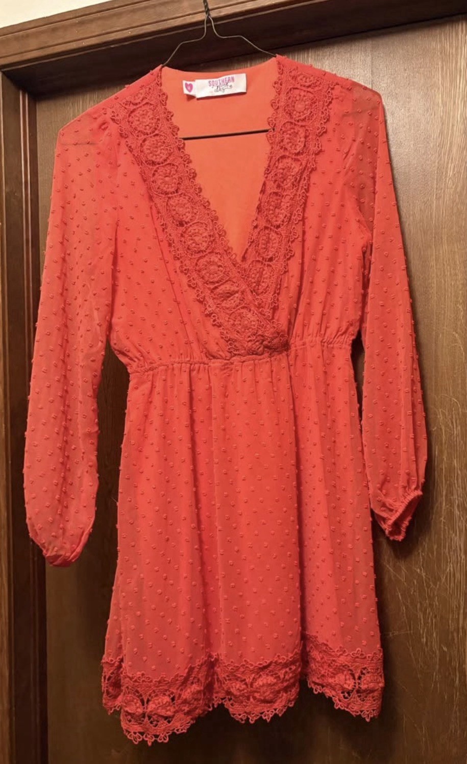 Southern Lady Orange V-Neck Long Sleeve Lace Trim Mini Dress Women’s L