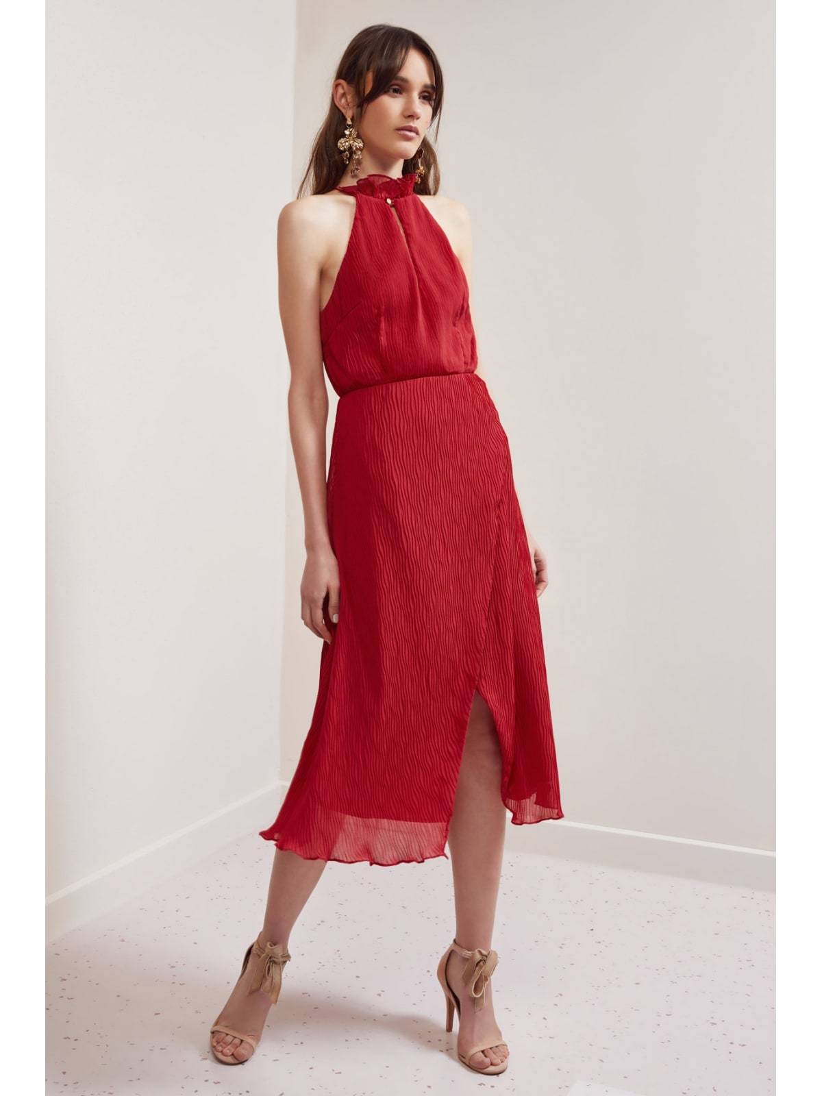 KEEPSAKE the Label Red Pleated Chiffon Keyhole Faux Wrap Cocktail Dress M = 8/10