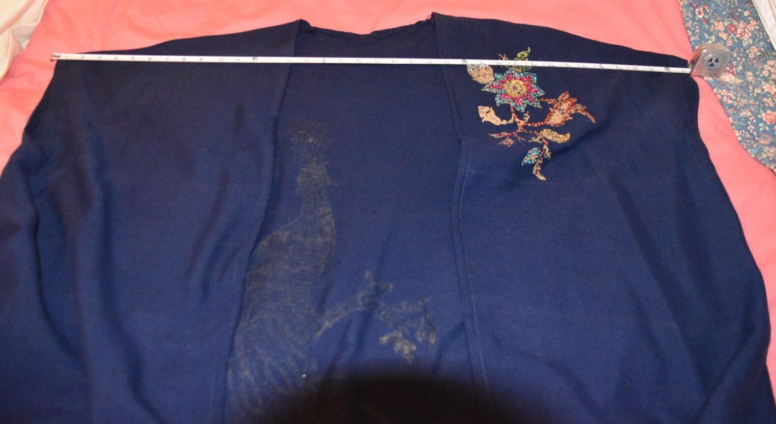 Custom Exotic Dark Blue Navy Full Length Contrast Painted, Sequined Robe Caftan