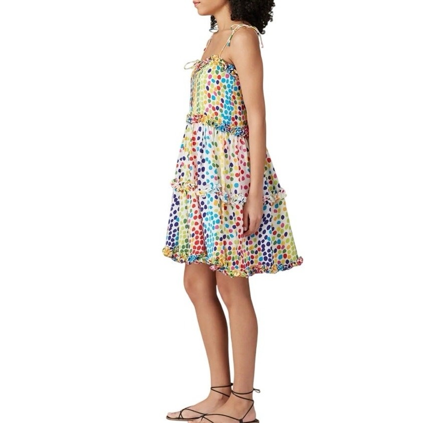 All Things Mochi Rainbow Polka Dot Tiered Mini Dress – Size M