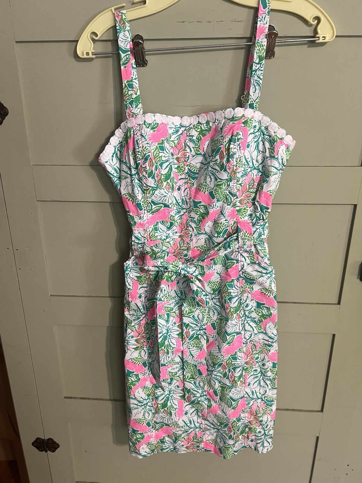 Lilly Pulitzer Sz 6 Short Strappy Sundress Graphic Print Lined Zipper Belt Pocke
