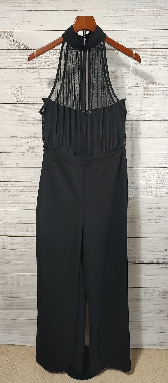 Timing Women M NWT Black Wide Leg Jumpsuit Sheer Pleated Halter Mock Neck