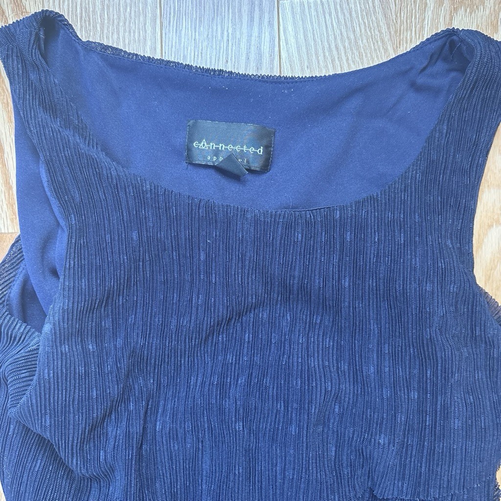 Connected Navy Solid Dress 4 Sleeveless Scoop Neck Knee Layered Ruffle A-Line