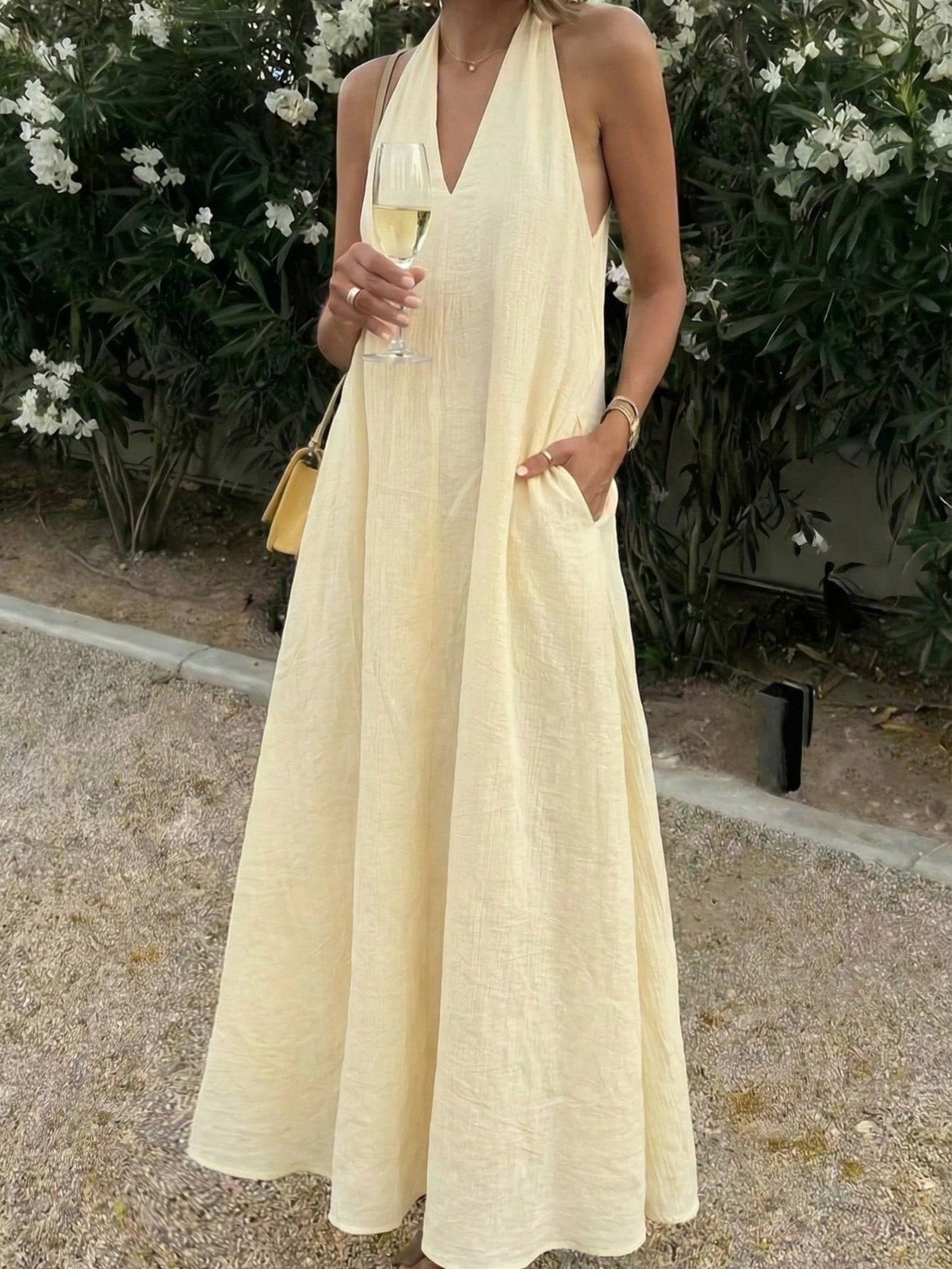 Elegant Ladies Plunging V Neck Maxi Dress in Light Yellow