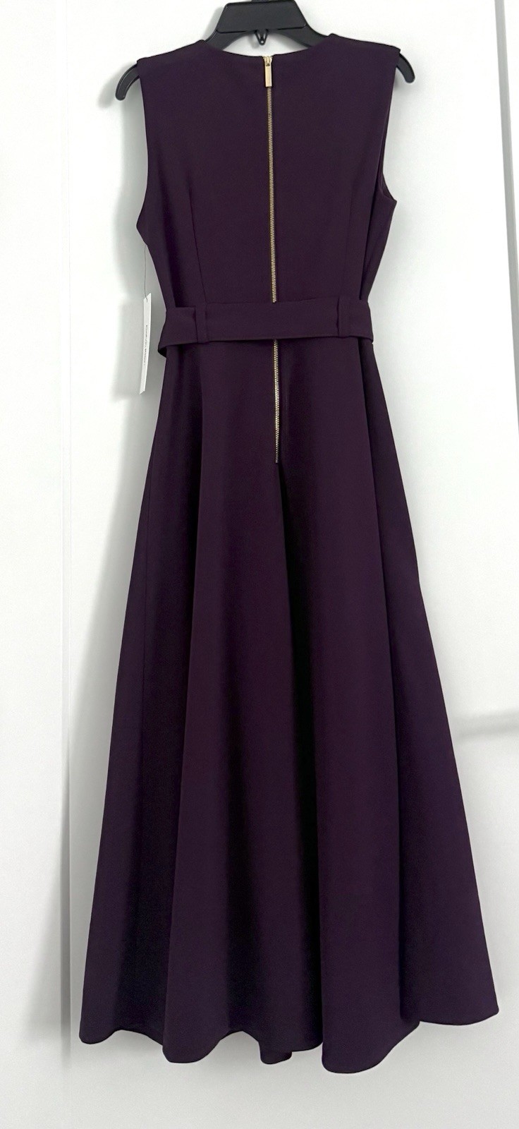 CALVIN KLEIN S/LESS FIT&FLAIR BELTED MIDI DRESS, AUBERGINE SIZE 14 NWT