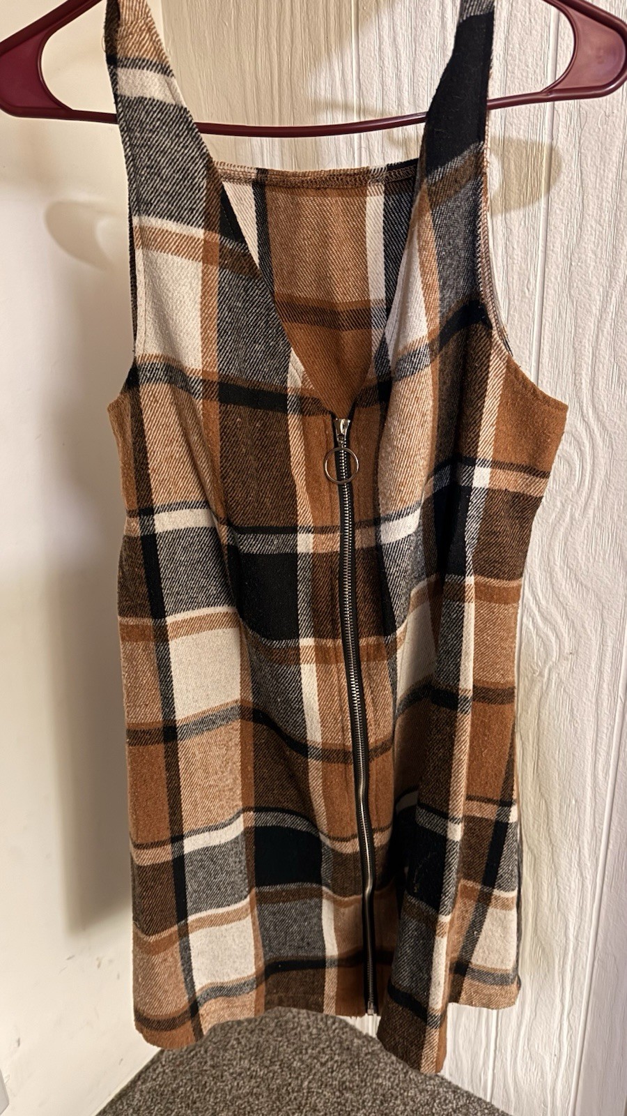 Women’s Brown Black Beige Plaid Sleeveless V-Neck Zip Shift Dress Size M