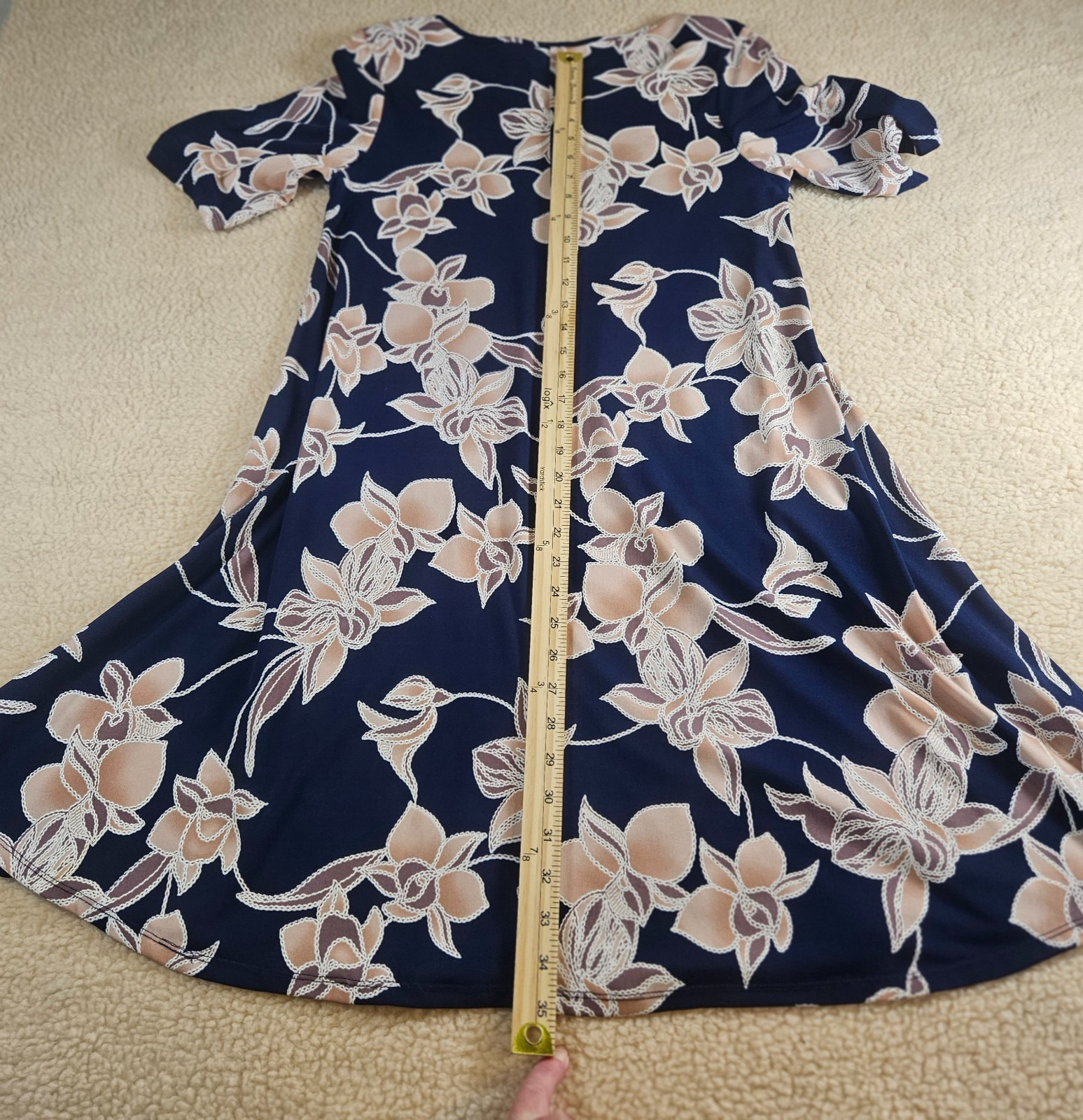 SJS Womens Medium Navy Floral Dress Flower A-Line Swing Stretch Casual