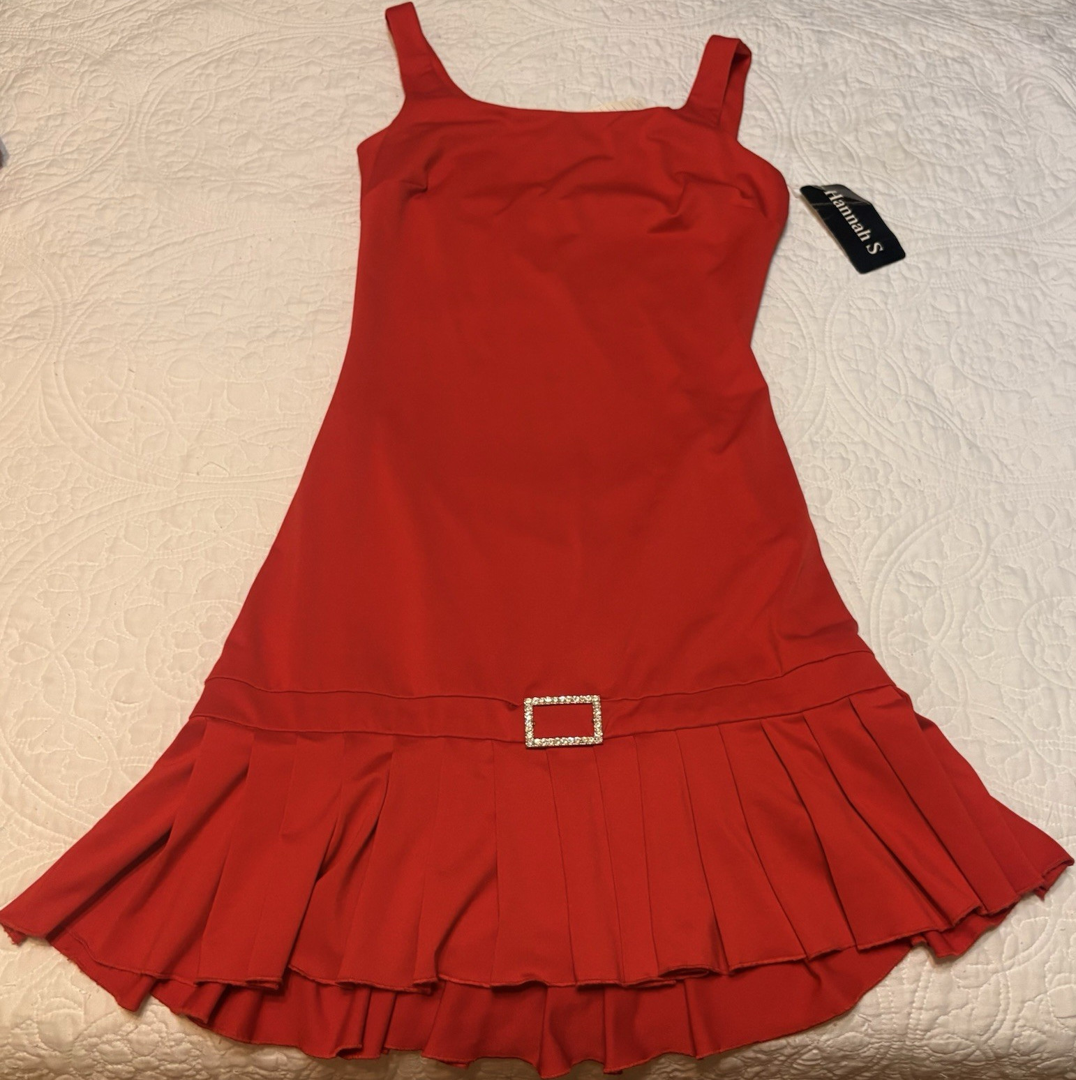 NEW Vintage Hannah S Red Drop Waist Mini Dress Rhinestone Buckle Pleated Size 10