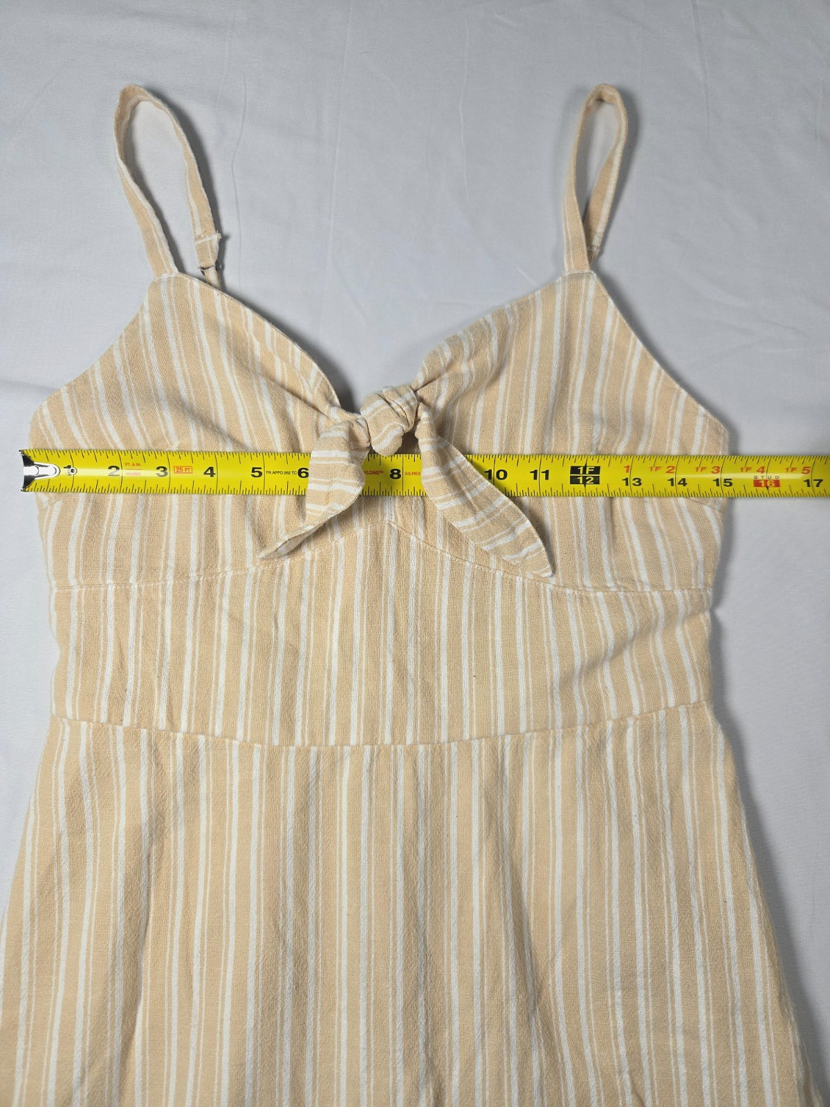 Striped Beige Cream Sundress Cotton Linen Sz M Babydoll Coastal Neutral Beachy