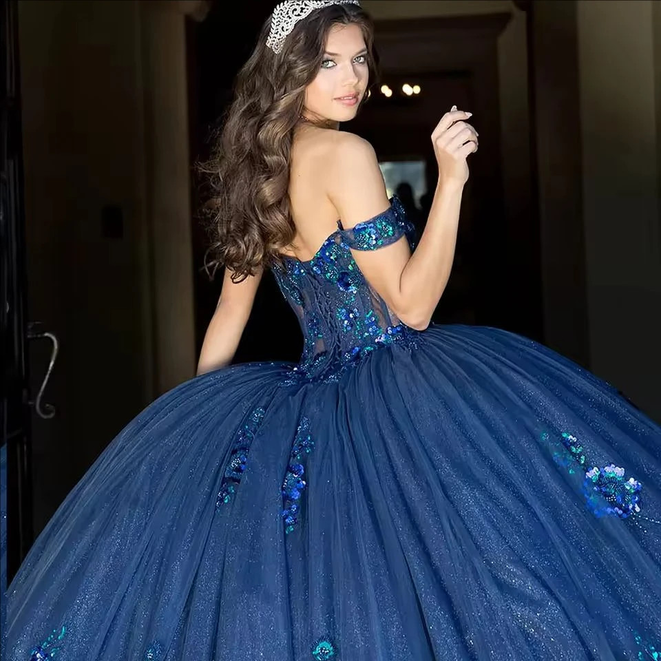 Off Shoulder Navy Glitter Tulle Floral Beaded Quinceanera Sweet15 Gown