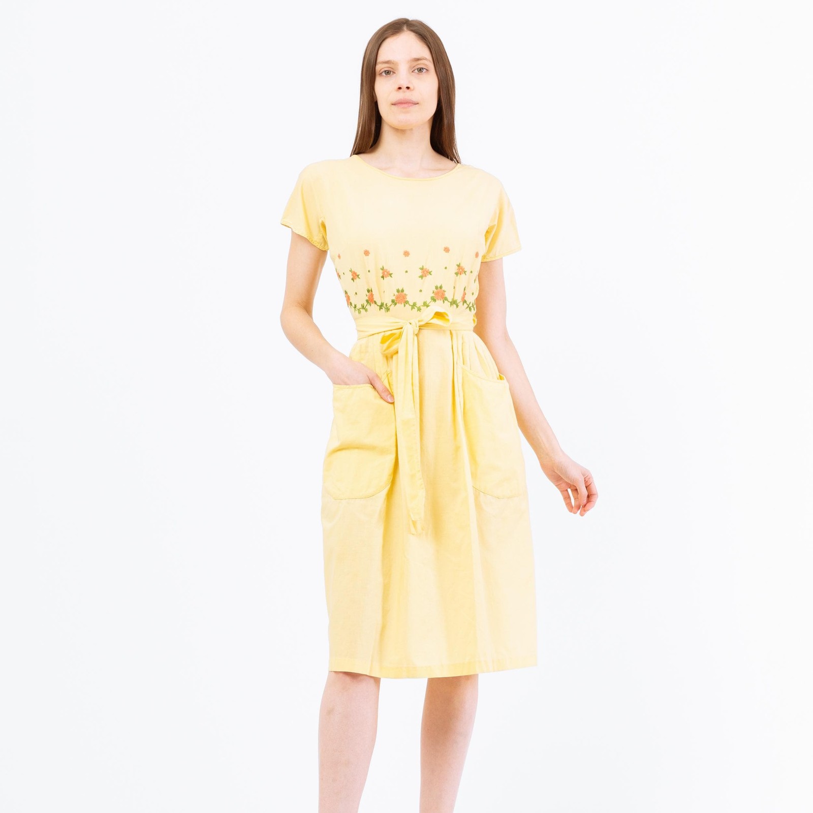 Vintage 1950s Swirl Yellow Floral Embroidered Wrap Dress – XS to Small