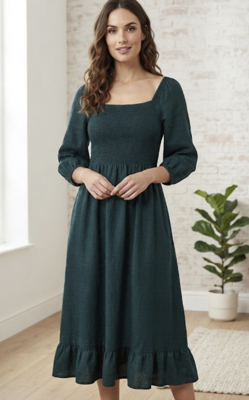 FAT FACE Adele Shirred Dark Green Midi Dress. Size UK 14 Regular . *VGC*