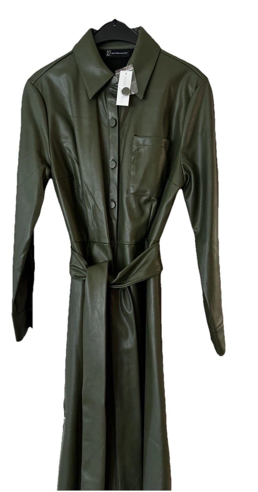 New York & Co Faux Vegan Leather Midi Shirt Dress Green Belt Chest Pocket NWT M