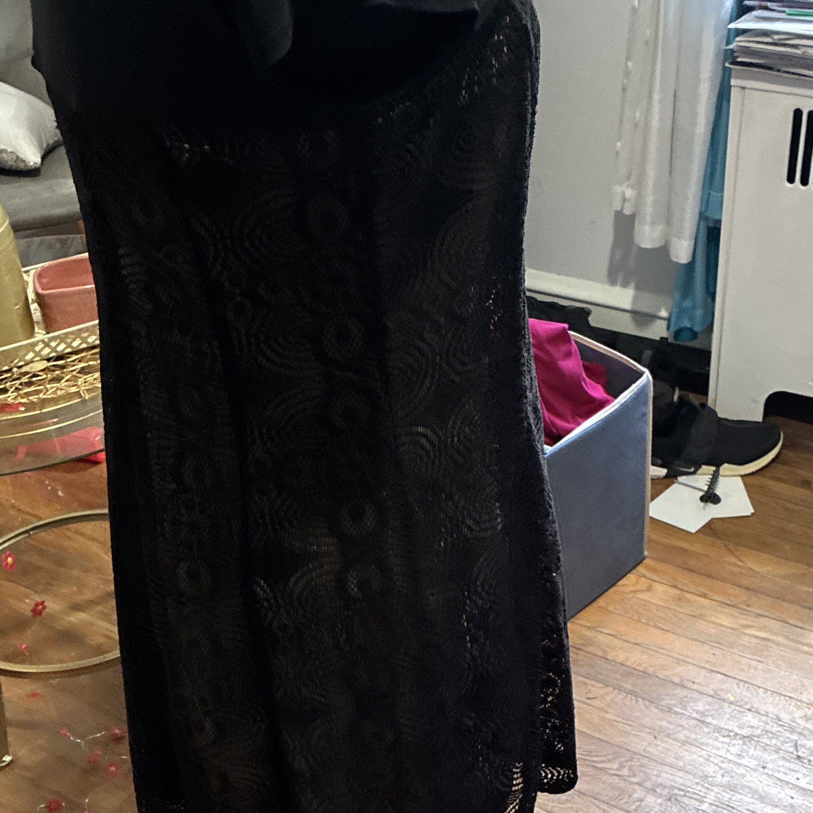 Karin Stevens Black Long A-Line Dress 10W Short Sleeve Scoop Neck Lace Floral