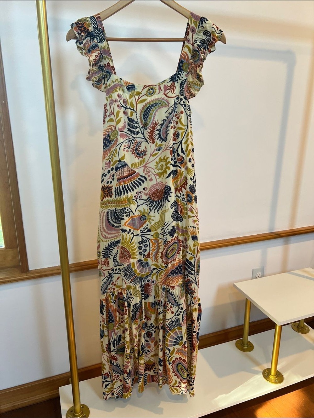 House of Harlow 1960 Cream Molly Paisley Floral Maxi Dress with Ruffle Straps