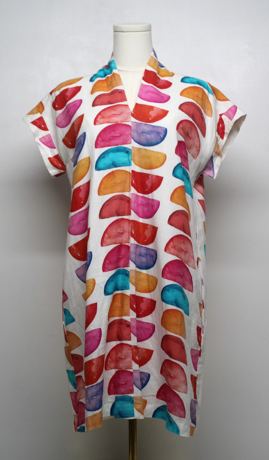 Brooke Wright Dress XS Watercolor Half Moon Cotton Linen Artsy Shift Colorful