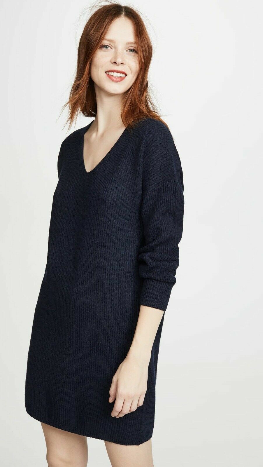 MADEWELL Navy Drop Shoulder Relaxed Long Sleeve V-Neck Sweater Dress S = 4/6