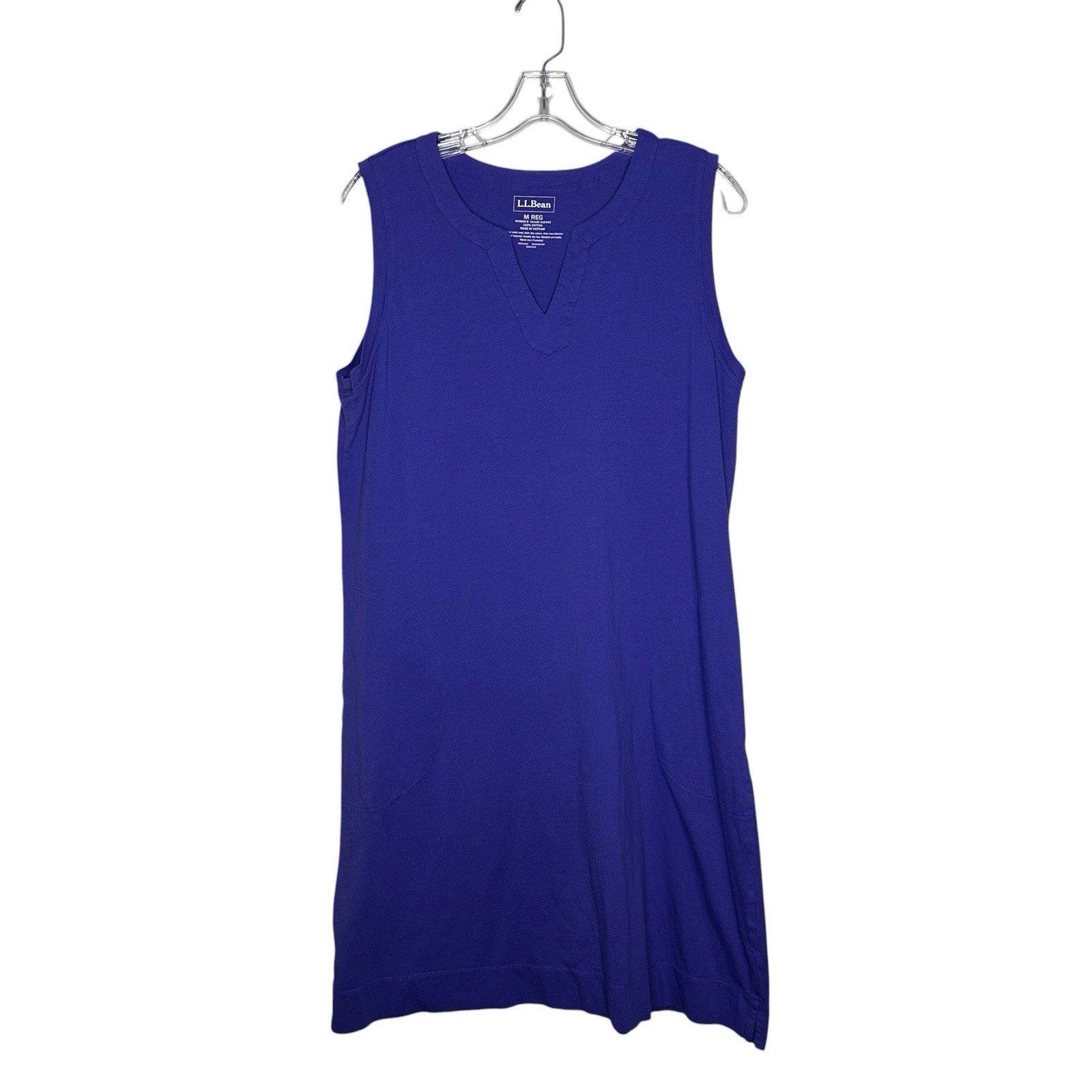 L.L.Bean Blue Sleeveless V-neck Casual Dress Medium Reg Cotton Pockets