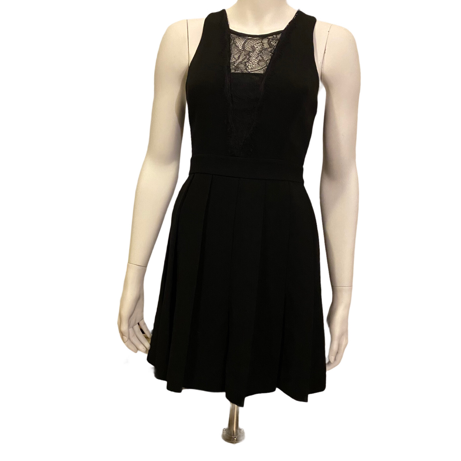 BCBGeneration Women’s Black Lace Inset Deep V Neck A Line Mini Dress Size 4