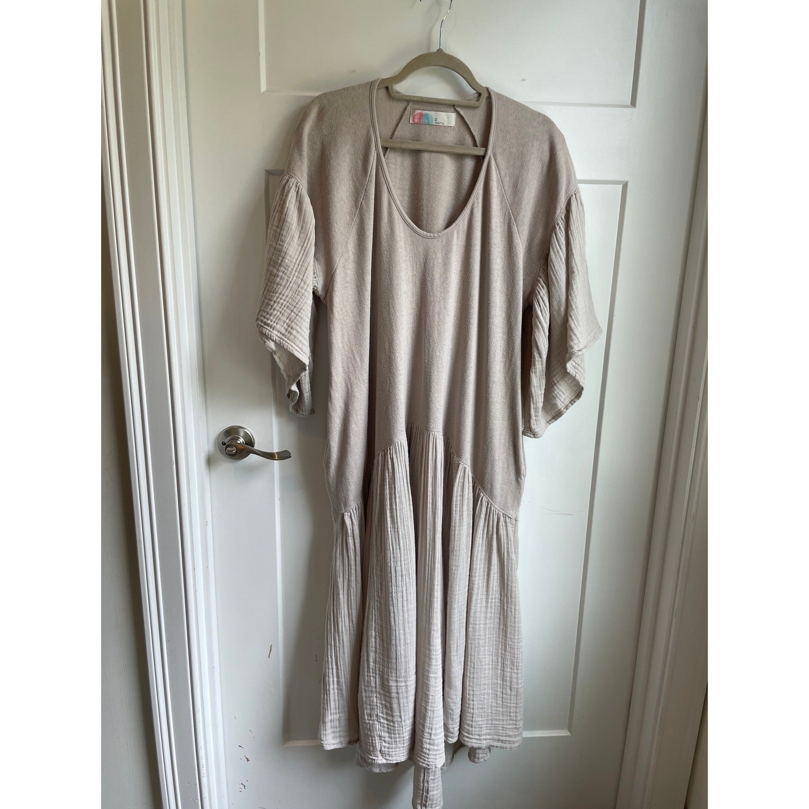 Free People FP Beach Beige Gauze Cotton Tiered Flutter Sleeve Maxi Dress XS Boho