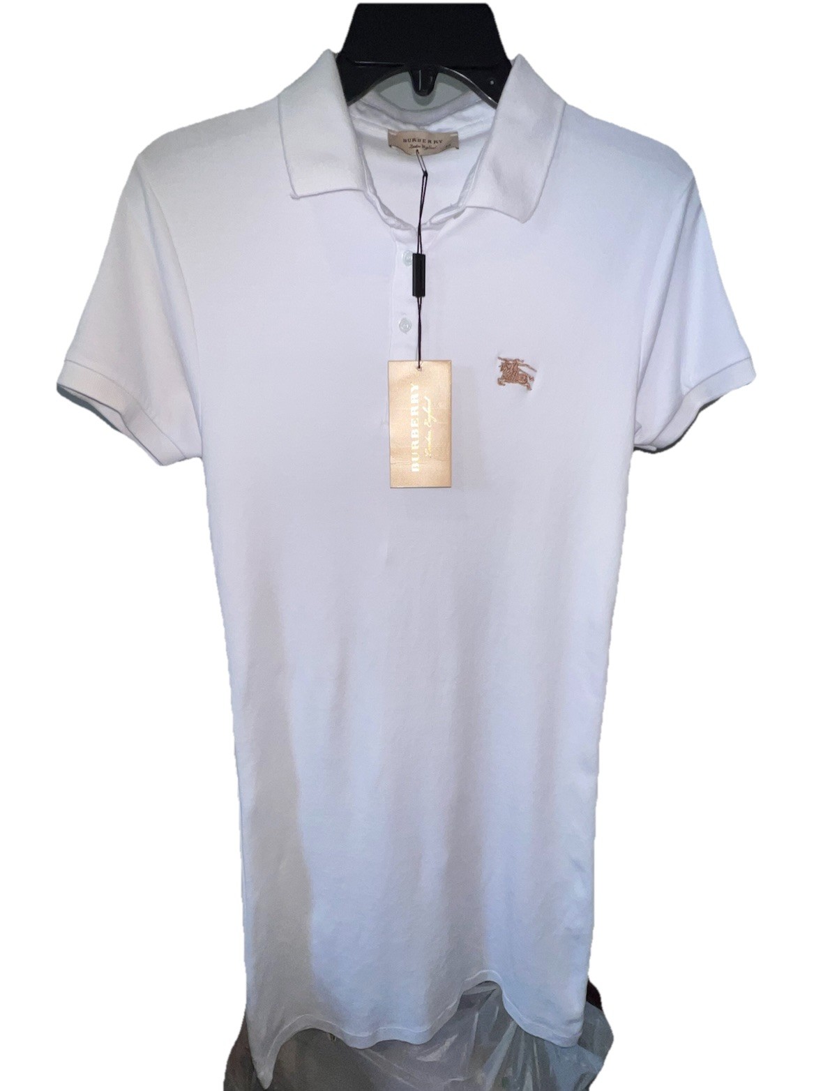 NWT Burberry White Cotton Pique Polo Dress Women’s Gold EKD Logo Sz XL