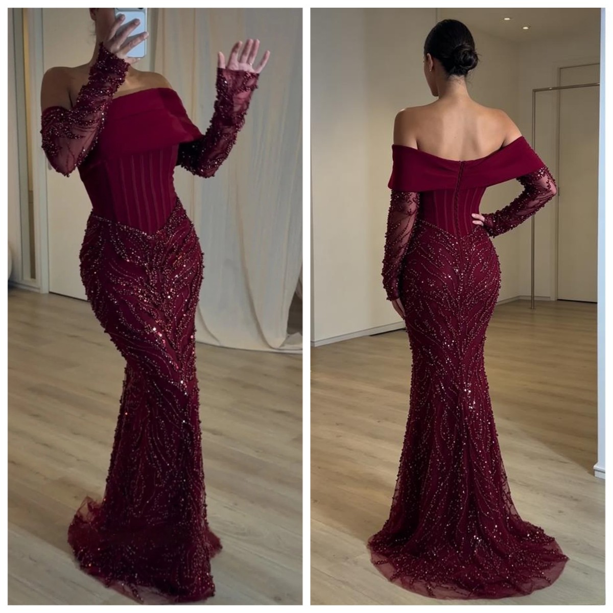 Burgundy Lace Long Sleeved Ballroom Dress with Off Shoulder Mermaid Evening Gown