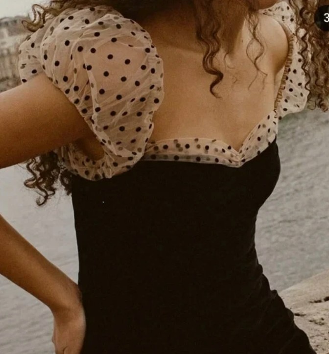 Camila Coelho Mini Dress Size Large Black Flocked Dot Stretch Puff Sleeve Party