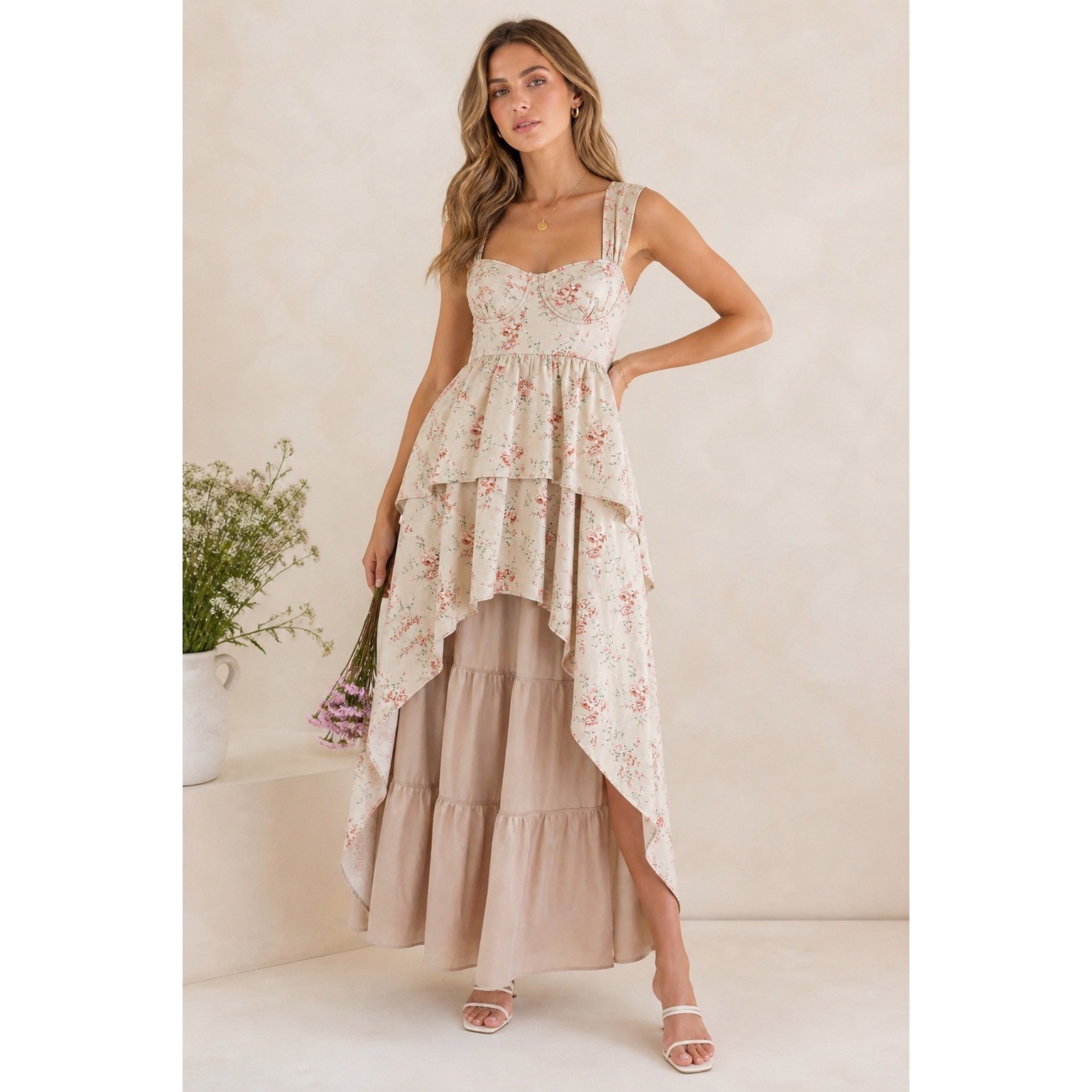 WeWoreWhat Floral High Low Dress Womens Size 6 Tan Pink Tiered Bustier Romantic
