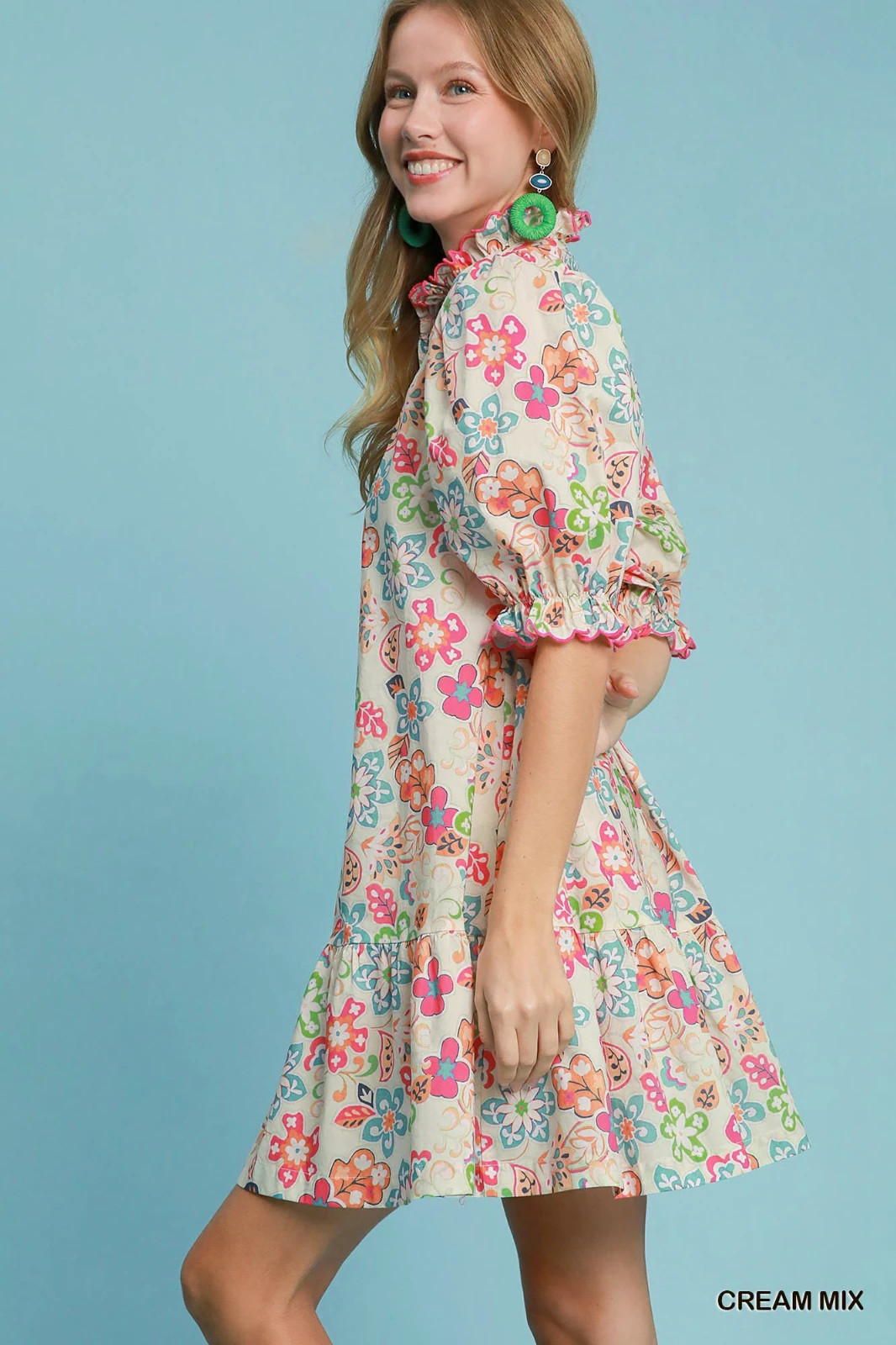 Umgee Multi Color High Neck Round Yoke Button Down Tiered Mini Dress