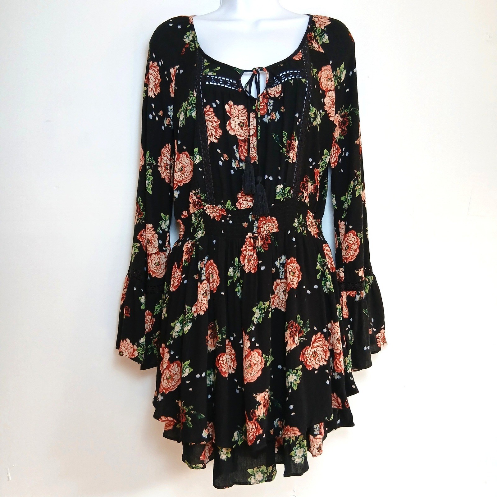 American Rag Womens Floral Long Sleeve Boho Dress Black Peach Lace Trim Size M