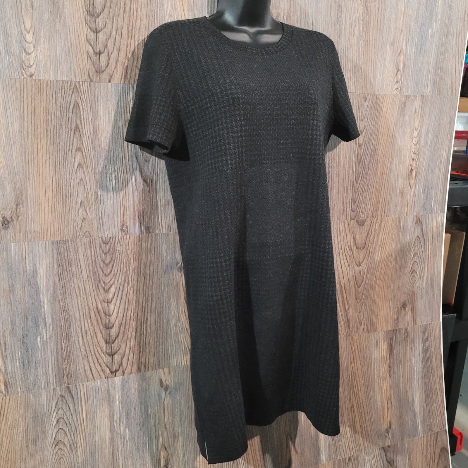 THEORY Wool Blend Shift Dress Size L Muted Black Houndstooth Career Office