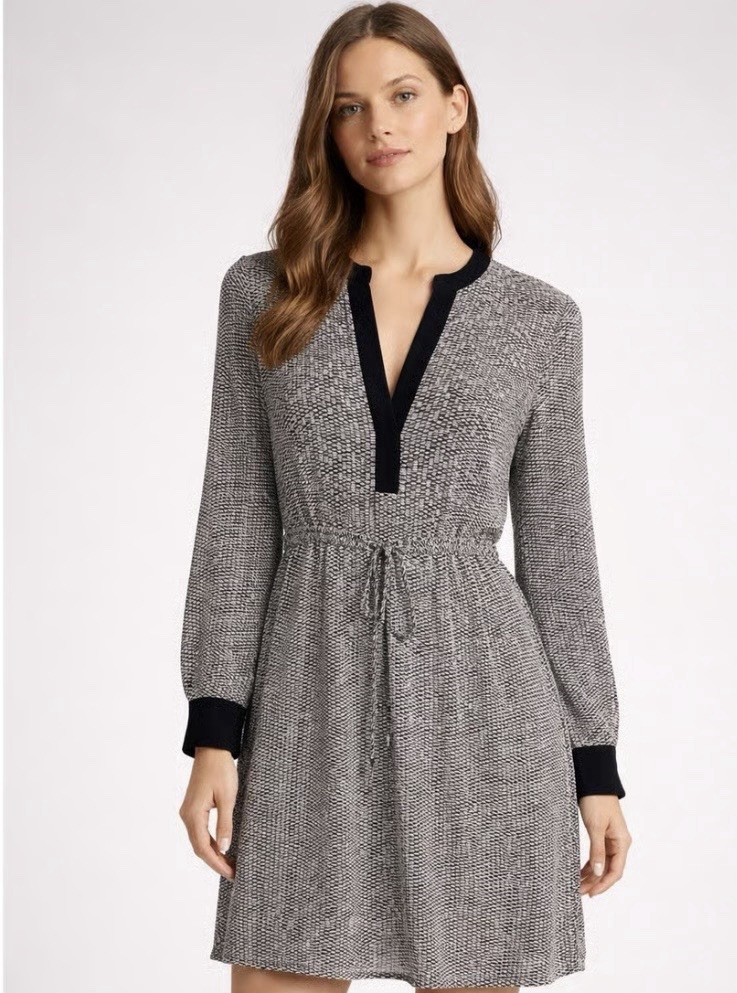 Vince Women’s Black White Geometric V-Neck Long Sleeve Shift Dress Pockets M