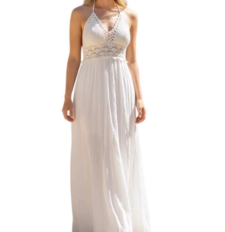 Lilbetter White Maxi Halter Dress Medium Crochet Boho Festival Beach Vacation