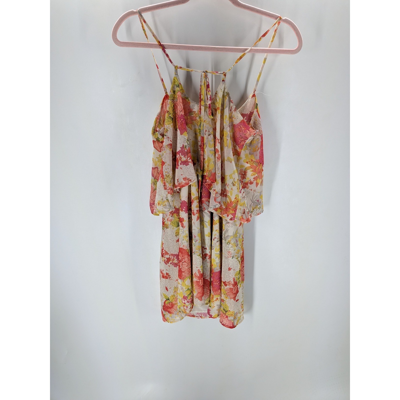 Forever 21 Contemporary Floral Tiered Mini Dress Yellow Pink XS Spaghetti Strap
