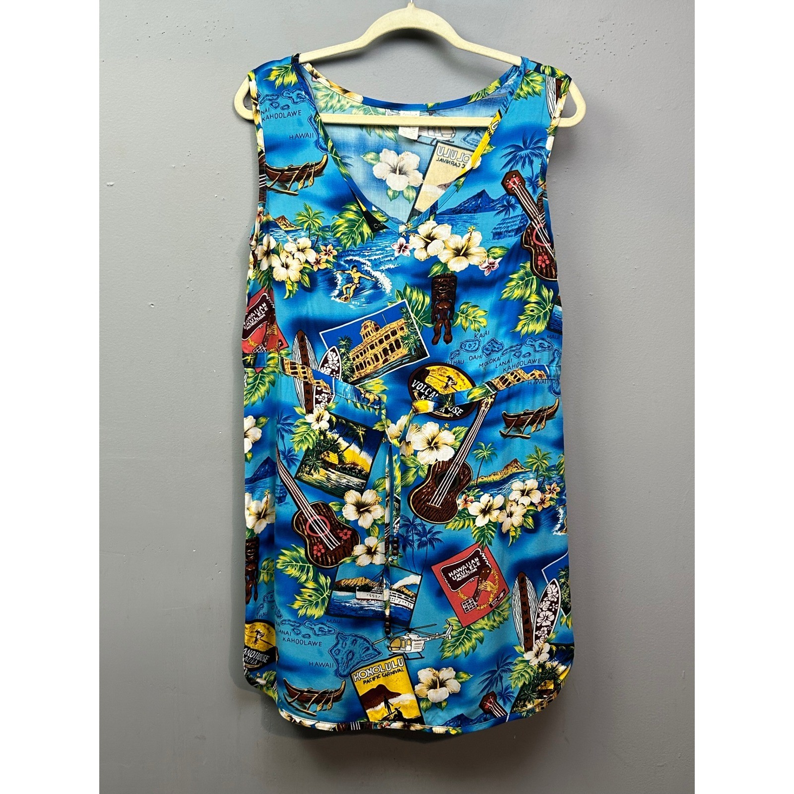 Palmwave Hawaii Womens Tank Dress Blue Hawaiian Print Sleeveless Medium