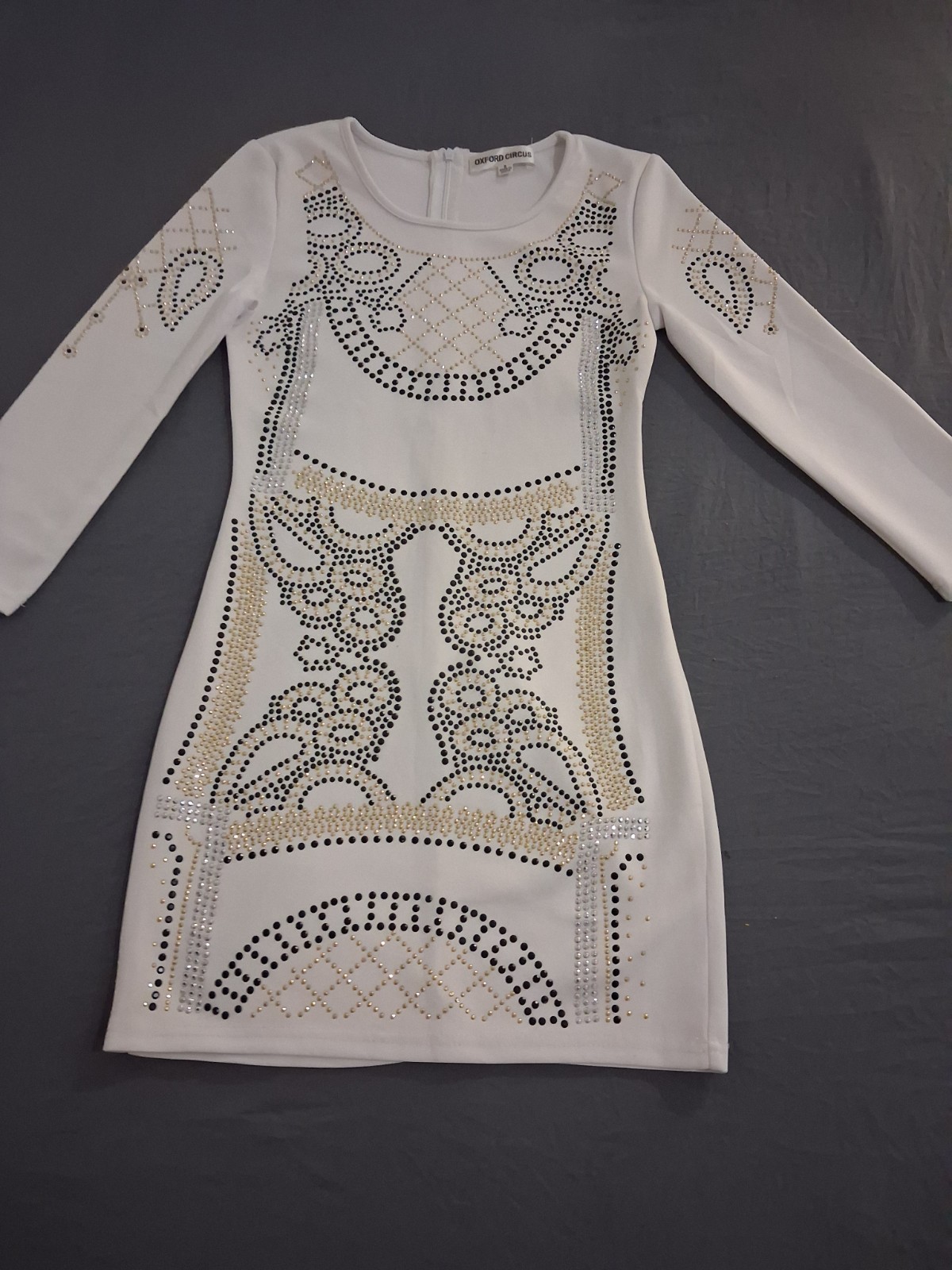 Oxford Circus White Studded Rhinestone Mini Dress Round Neck Long Sleeve Zip S