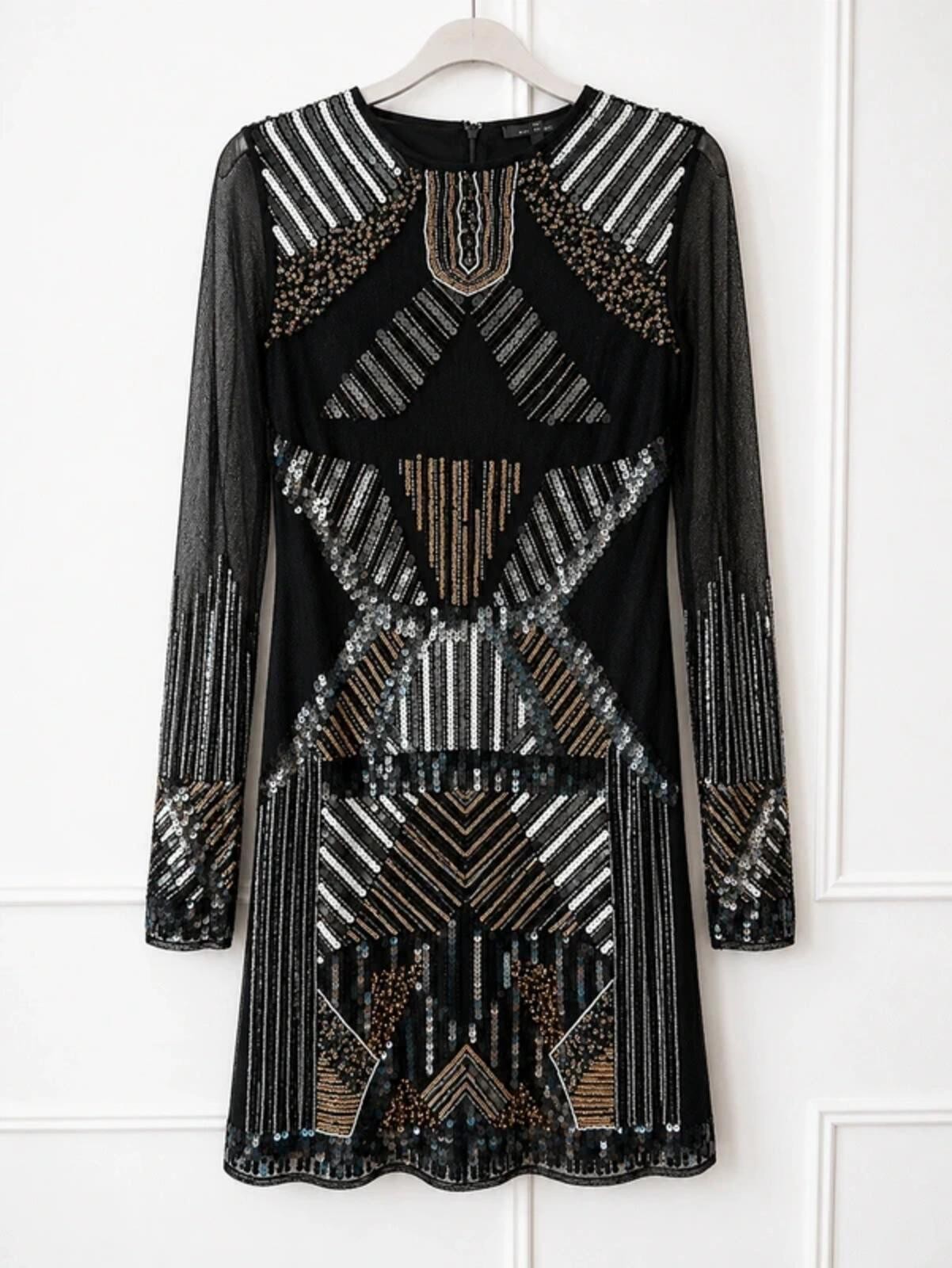 River Island Black Sequin Art Deco Bodycon Mini Dress Size 12 Party Glam
